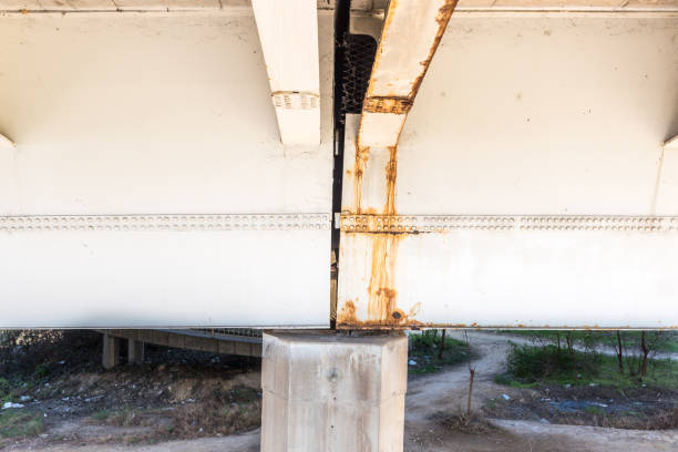 Damaged bridge, Damaged and rusted metal bridge construction with rust and corrosion on connected part with bolts danger for use in transportation