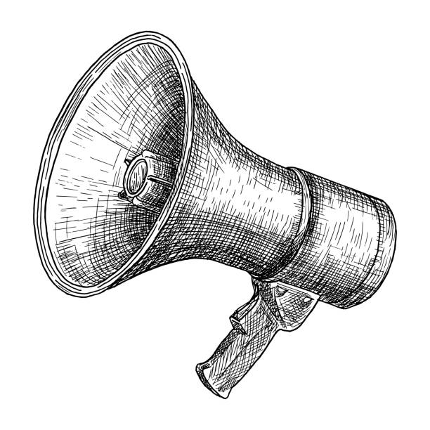 illustrazioni stock, clip art, cartoni animati e icone di tendenza di megafono, schizzo di bullhorn. illustrazione vettoriale disegnata a mano. stile inciso vintage. isolato su bianco. - conference phone immagine