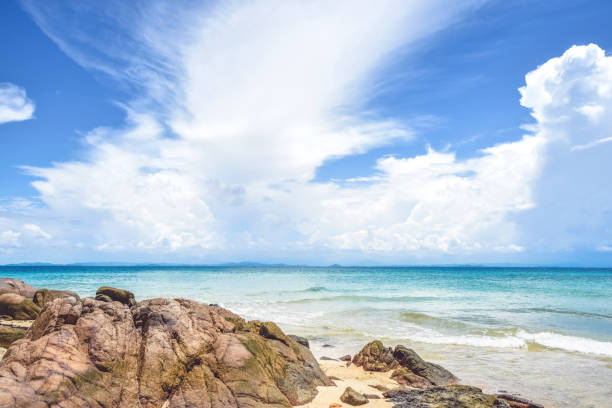 istock Sand and rocks with sea and bright sky,copy space 1139294461