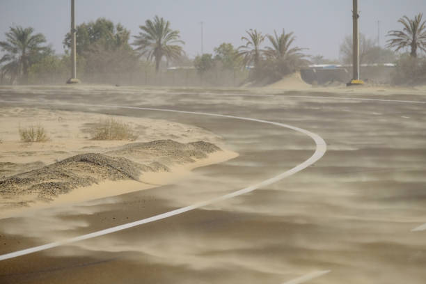 Sand storm sweeping across the road, Abu Dhabi, UAE