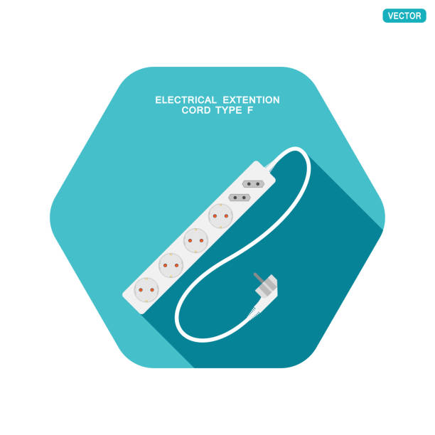 illustrazioni stock, clip art, cartoni animati e icone di tendenza di icona esagonale vettoriale della moderna prolunga elettrica di tipo f con sei diverse prese e ombra sullo sfondo turchese. - f connector