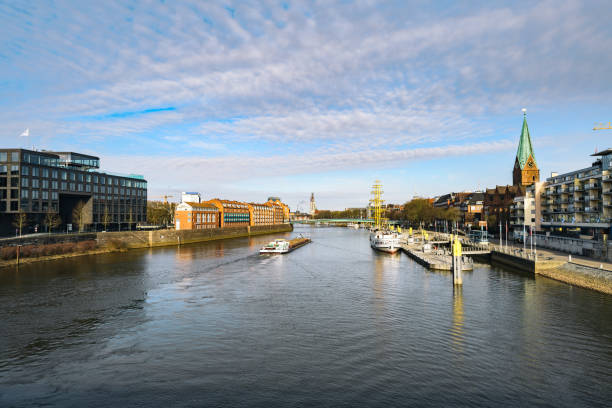 view from Bridge over River Weser on Bremen cityscape