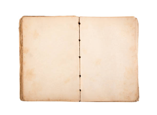 istock Open old book with blank yellow stained pages isolated on white background with clipping path 1139306427