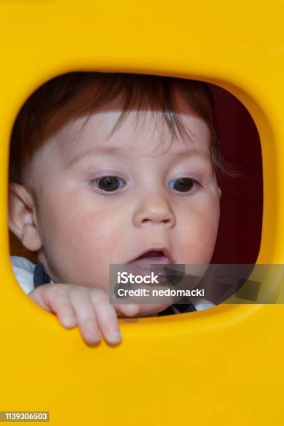 Baby Boy Is Posing Through A Plastic Window Stock Photo - Download Image Now - 6-11 Months, Babies Only, Baby - Human Age