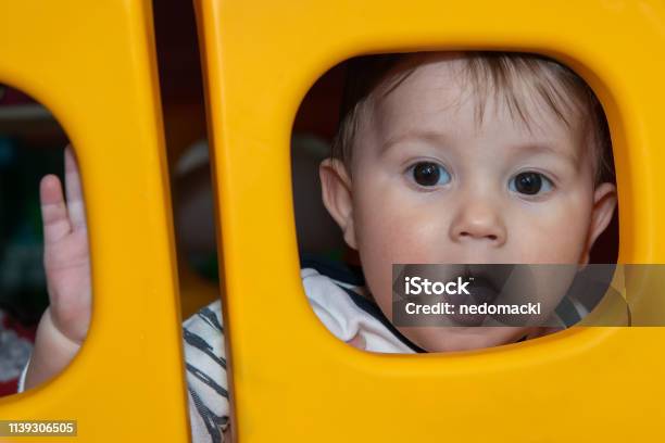 Baby Boy Is Posing Through A Plastic Window Stock Photo - Download Image Now - 6-11 Months, Babies Only, Baby - Human Age