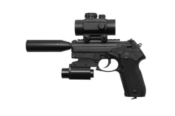 istock Black modern gun pistol with an optical sight and tactical flashlight isolated on white background 1139306678
