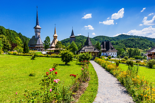 Barsana, Romania. Wooden churches at Barsana Monastery. Maramures region.
