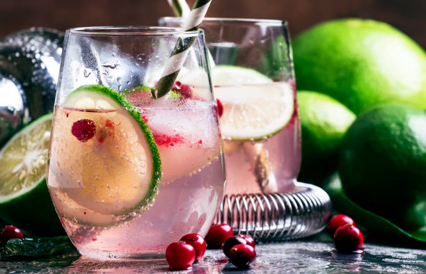 istock Cranberry lemonade with lime and ice, metallic background, selective focus 1139323450