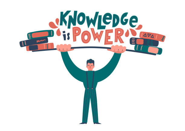 Knowledge is Power. Knowledge is Power. Man with a raised barbell with stacks of books and hand drawn lettering. Flat style vector illustration. well dressed man standing stock illustrations