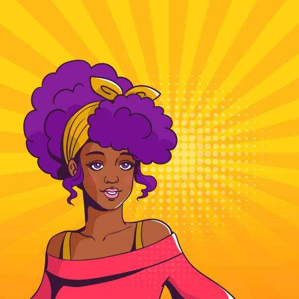 팝 아트 포스터입니다. 아프리카와 아름 다운 검은 피부 소녀입니다. - comic book cartoon women retro revival stock illustrations