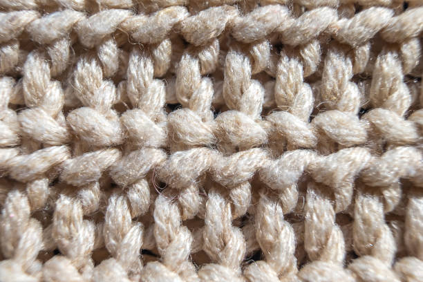 istock Close-up knit stitching beige close-up, handmade woolen fabric. 1139329546