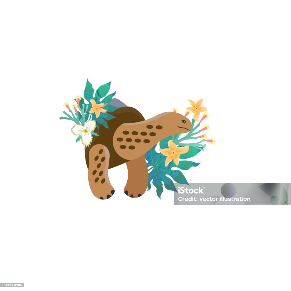 Head portrait of galapagos tortoise for different design and tattoo. Cartoon style icon of the cute animal face with tropical leaves, flowers. Head portrait of galapagos tortoise for different design and tattoo. Cartoon style icon of the cute animal face with tropical leaves, flowers. Vector illustration. Galapagos Islands stock vector