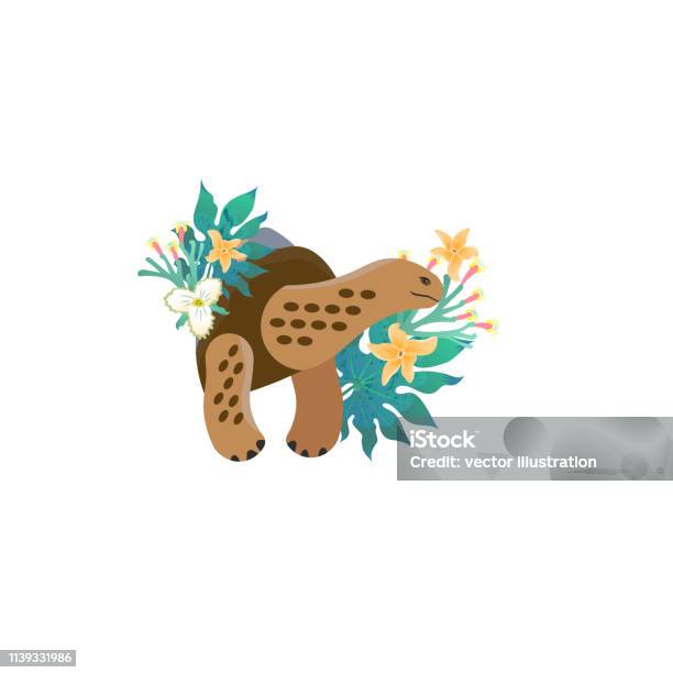 Head Portrait Of Galapagos Tortoise For Different Design And Tattoo Cartoon Style Icon Of The Cute Animal Face With Tropical Leaves Flowers Stock Illustration - Download Image Now