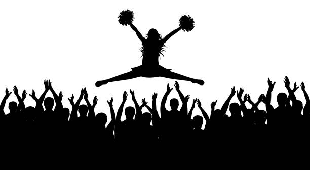 Silhouettes of jumping girl with pompoms (stredl jump) and applauding crowd. Vector illustration. Silhouettes of jumping girl with pompoms (stredl jump) and applauding crowd. Vector illustration. high school sports stock illustrations