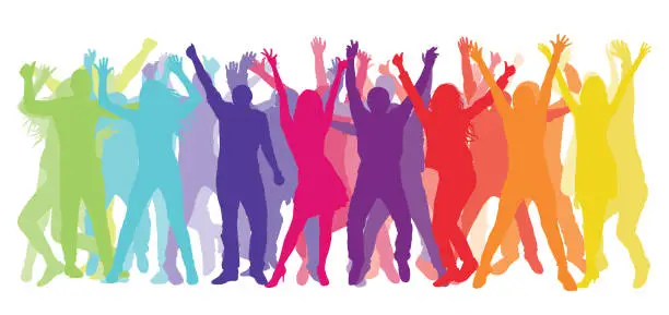 Vector illustration of Silhouette of dancing and cheerful people. Colorful crowd. Vector illustration