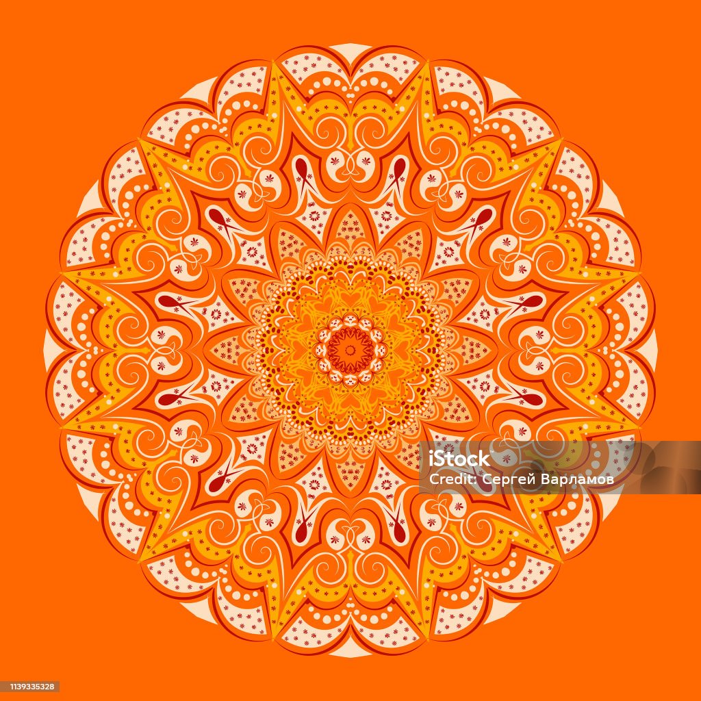 Mandala - orange background, floral patterns, elegant lace lines in yellow and beige and burgundy tones. Mandala - orange background, floral patterns, elegant lace lines in yellow and beige and burgundy tones. Symmetry and harmony, fashionable design. Abstract stock vector