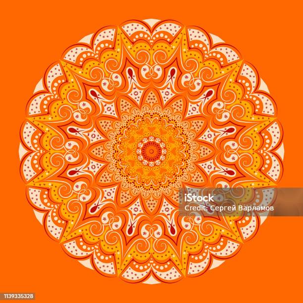 Mandala Orange Background Floral Patterns Elegant Lace Lines In Yellow And Beige And Burgundy Tones Stock Illustration - Download Image Now