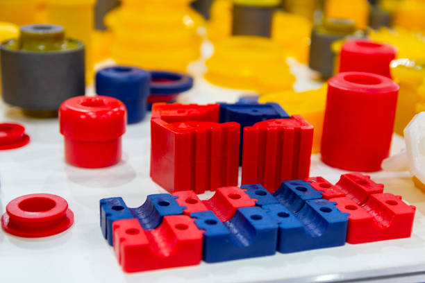 Varous products from polyurethane on the exhibition stand. industry stock photo