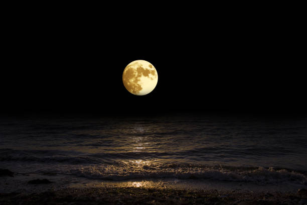Landscape moon over horizon on sea and moonlight. Panorama with the luna of night. Grand mystical fantastic view. fantasy moonlight beach stock pictures, royalty-free photos & images