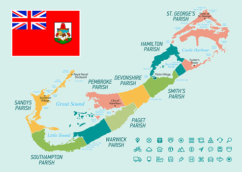 Bermuda Map with National Flag and Geographical Borders