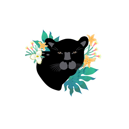 Cartoon style icon of a panther with tropical leaves and flowers. Cute portrait of the character for different designs. Vector illustration.