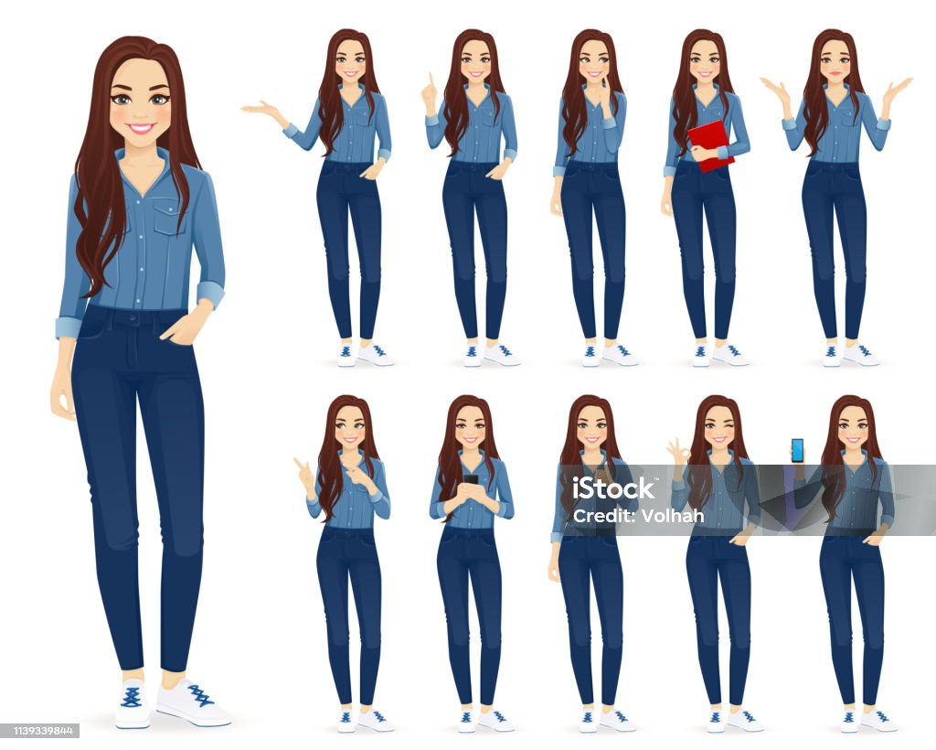 Woman in jeans set Young woman with long hair in casual denim shirt and jeans set different gestures isolated vector iilustration Women stock vector
