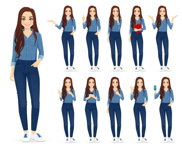 Woman in jeans set Young woman with long hair in casual denim shirt and jeans set different gestures isolated vector iilustration cartoon people stock illustrations