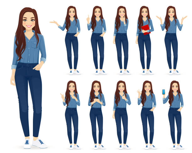 Woman in jeans set Young woman with long hair in casual denim shirt and jeans set different gestures isolated vector iilustration gesturing stock illustrations