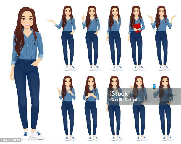 Woman In Jeans Set Stock Illustration - Download Image Now - Women, Characters, Teenage Girls