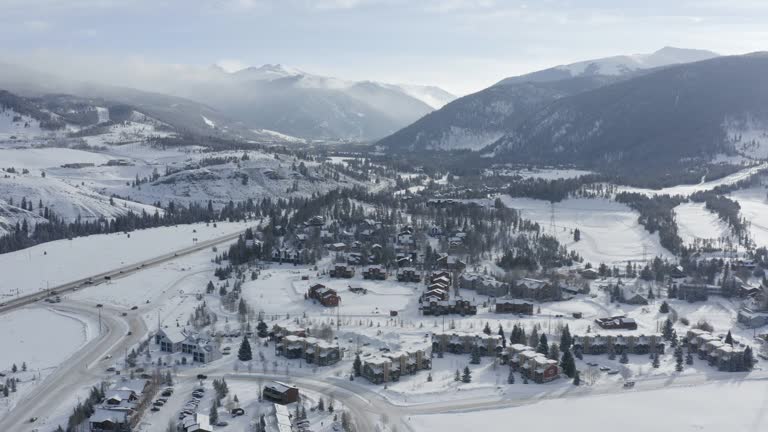 Aerial View Fresh Snow Town Mountain Range