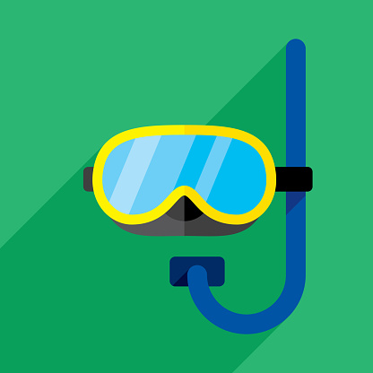 Vector illustration of a diving mask and snorkel against a green background in flat style.