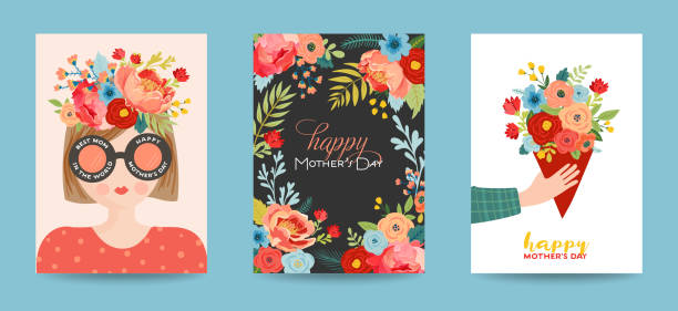 ilustrações de stock, clip art, desenhos animados e ícones de mothers day greeting card set. spring happy mother day holiday banner with flowers and mom character with bouquet for flyer, poster. vector illustration - flower bouquet