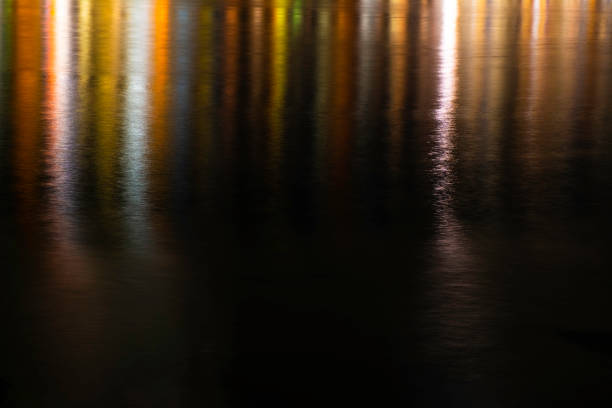 istock Colorful lights reflecting on water in night time background - Linear colour light water reflection backdrop - Abstract background reflecting color on water 1139342462