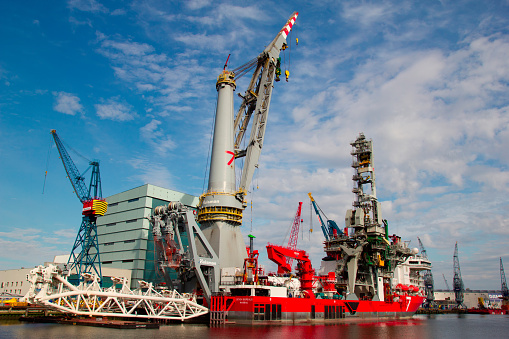 The 'Seven Borealis', a 182 m large deep-sea pipe-laying vessel, contains one of the world's largest mast-cranes lifting 5000 ton, in Schiedam on June 2, 2012