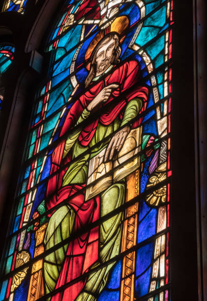 istock Light from stained glass window in american methodist church 1139344539
