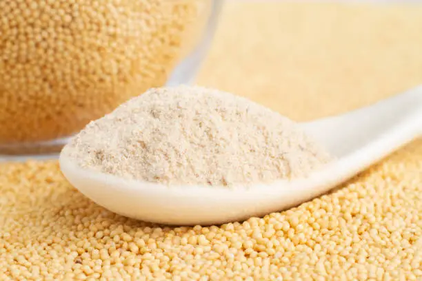 amaranth flour in bowl, superfood close-up image