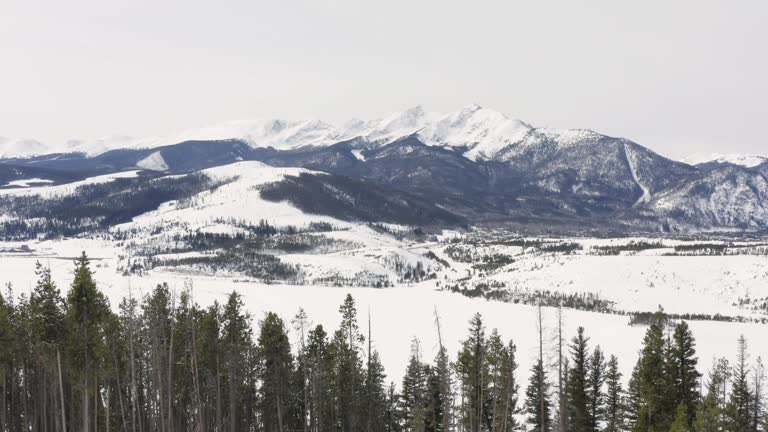 Flying Over Winter Trees Reveal Snowy Rocky Mountain Valley Near Breckenridge Colorado