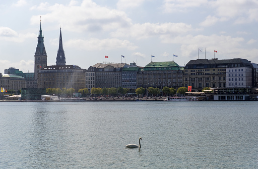 View of Alster Lake and famous buildings in center of Hamburg, Germany.