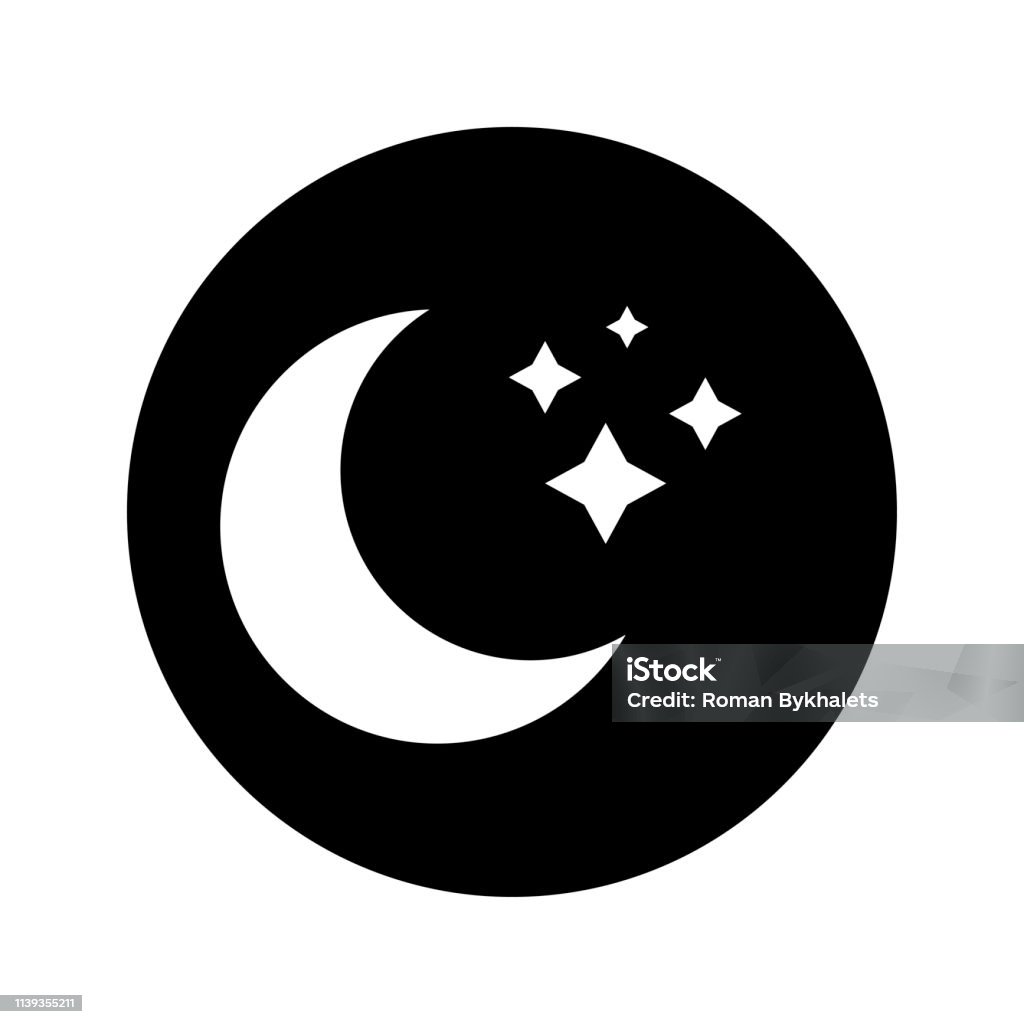 Simple icon of moon. Black background. Moon with stars. White moon. Flat design. EPS 10. Abstract stock vector