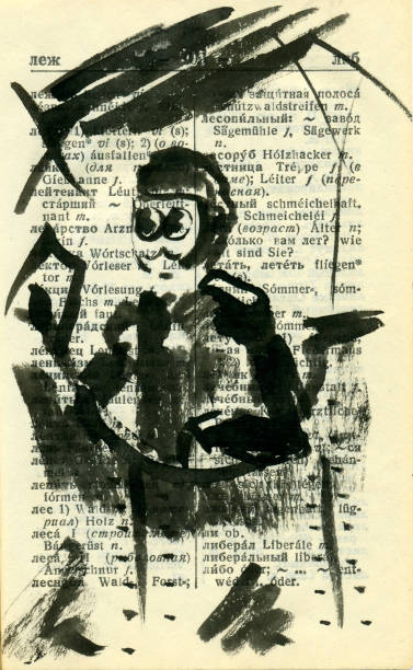 Military pilot, during the First World War. Graphic drawing. Military pilot, during the First World War in his plane. Perhaps the pilot of the "Albatross". Posing as in the photo. Fictional character, all coincidences are random. Graphic sketches in the old Russian-German dictionary. Picture, on one of the words on the page. I am the author of the drawings (Ilya Panfilov). mollymawk photos stock pictures, royalty-free photos & images