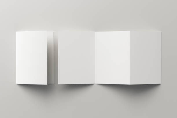 Blank trifold brochure booklet Blank trifold of three of A5/A4 pages brochure booklet on white background with clipping path around brochure. Folded and unfolded. 3D illustration a4 paper stock pictures, royalty-free photos & images