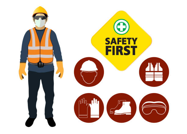 sicherheitsausrüstung, baukonzept, weißer sicherheits-harthut. vektor-illustration - protective workwear stock-grafiken, -clipart, -cartoons und -symbole