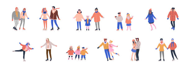 Collection of tiny skating people Collection of tiny skating people dressed in winter clothes and having fun on ice rink with family and friends. Isolated vector illustrations in flat style. ice skating stock illustrations