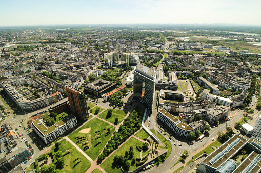 Panoramic aerial view on a clear sunny day over the parks and city of Dusseldorf in Germany.