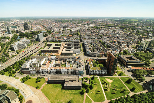 Panoramic aerial view on a clear sunny day over the parks and city of Dusseldorf in Germany.