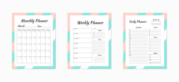 istock Daily,  weekly and monthly planner templates. Blank white, pink and mint,  green planner pages isolated on white. Business organizer page. Time-management concept. Stationery vector illustration. 1139373127