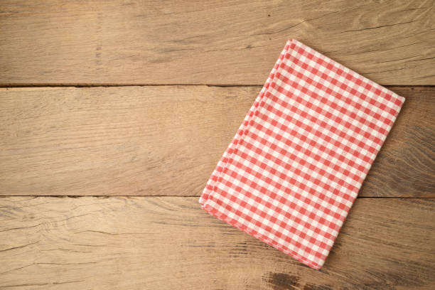istock Empty wooden table with tablecloth. Top view from above 1139373540