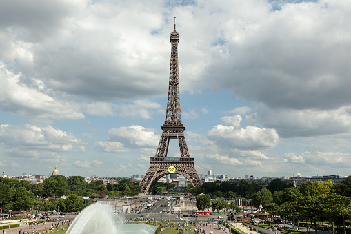 PARIS, FRANCE - 02 June 2018: View of the Eiffel Tower from Place de Trocadero. The Eiffel Tower was constructed from 1887-1889 as the entrance to the 1889 World.