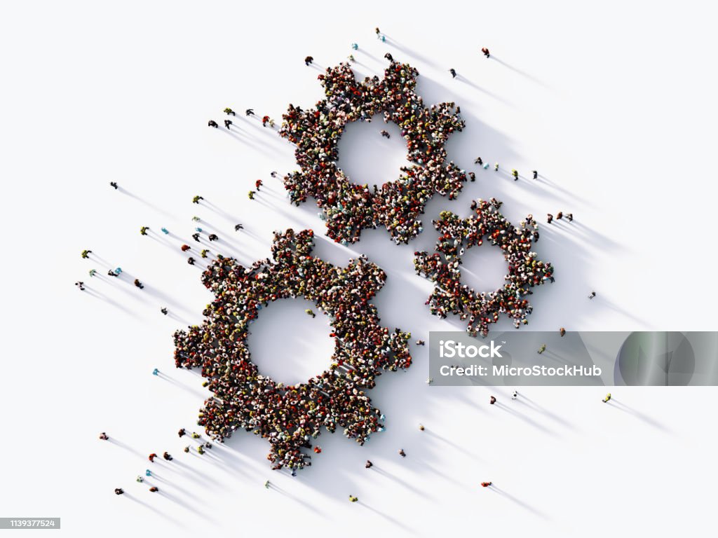 Human Crowd Forming  Gear Symbols : Hierarchy Concept Human crowd forming gear symbols on white background. Horizontal  composition with copy space. Clipping path is included. Hierarchy concept. Concepts Stock Photo