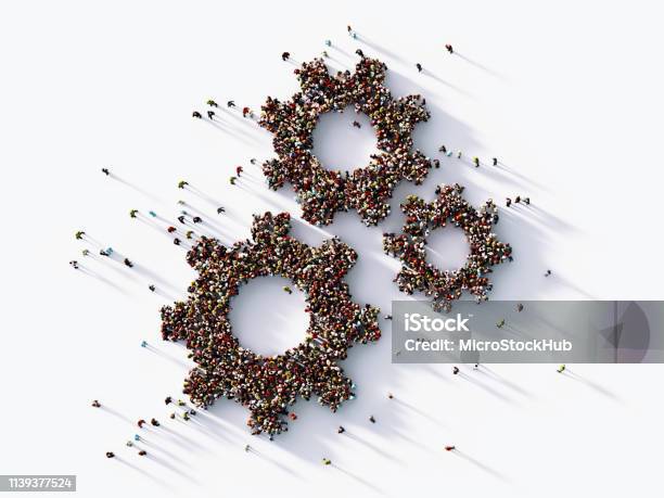 Human Crowd Forming Gear Symbols Hierarchy Concept Stock Photo - Download Image Now